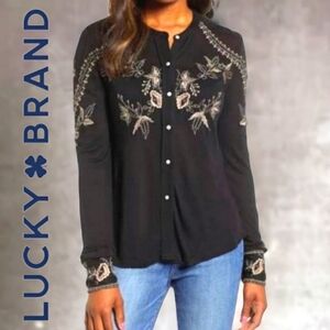 Lucky Brand Black Embroidered Semi Sheer Button Down Shirt Size S